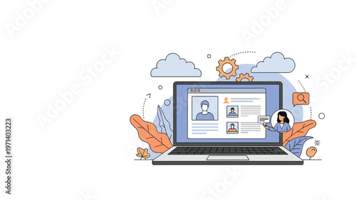 Modern laptop displaying a digital user profile interface surrounded by decorative clouds, gears, and autumn leaves.