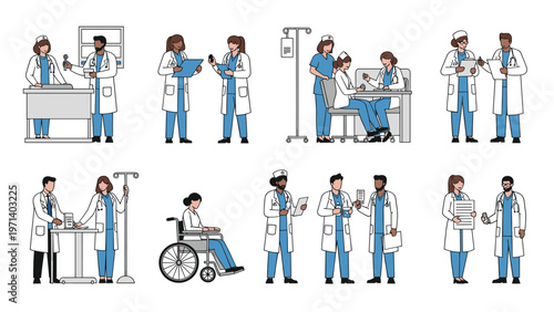 Detailed collection of diverse medical professionals including doctors and nurses performing various healthcare tasks in a hospital.