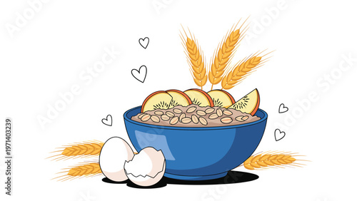 Healthy breakfast composition featuring a blue bowl of oatmeal topped with fruit slices, fresh eggs, and wheat ears.