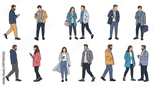 Diverse group of men and women dressed in contemporary casual and business attire while walking or engaging in conversation.