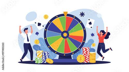Excited man and woman celebrating a win in front of a large colorful fortune wheel surrounded by cards and casino chips.