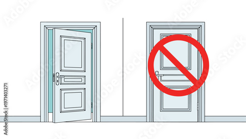 Simple architectural illustration comparing an open doorway with a closed door marked with a red prohibited sign.