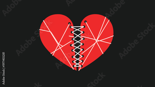Conceptual image of a broken red heart being repaired and held together with white laces against a dark background.