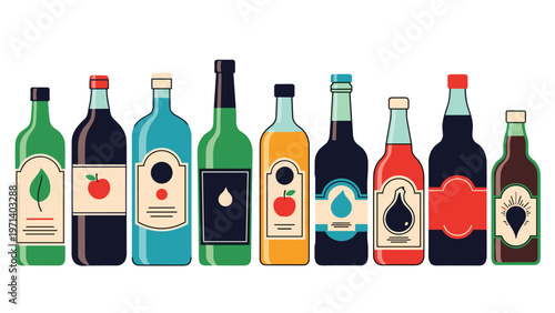 Collection of ten glass bottles filled with various oils and vinegars featuring decorative labels with plant and fruit motifs.