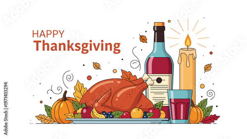 Festive Thanksgiving dinner layout featuring a roasted turkey platter, wine bottle, candle, and pumpkins on white background.