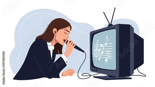 Young woman with headphones singing into a microphone while looking at musical notes displayed on a large television screen.