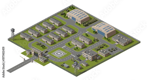 Isometric vector art depicts a detailed military base with various buildings and a control tower, showcasing a strategic design on a technology-driven map with a clean, organized layout