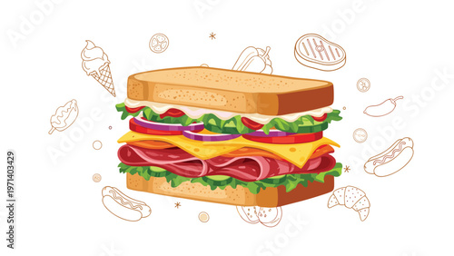 Delicious multilayered club sandwich filled with ham, cheese, lettuce, tomato, and cucumber on a background with food icons.