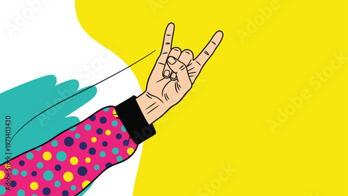 Hand making the rock on or horns sign gesture against a colorful abstract background with trendy geometric shapes and dots.