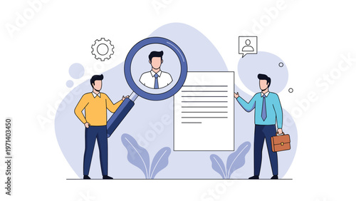 Human resources concept with recruiters using a magnifying glass to find the best candidate among multiple job applications.