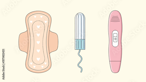Women's health and personal hygiene products including a soft sanitary pad, a tampon, and a positive pregnancy test result.