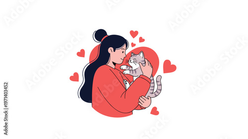 Illustration of a young woman tenderly hugging her gray tabby cat pet while surrounded by many floating red heart shapes.