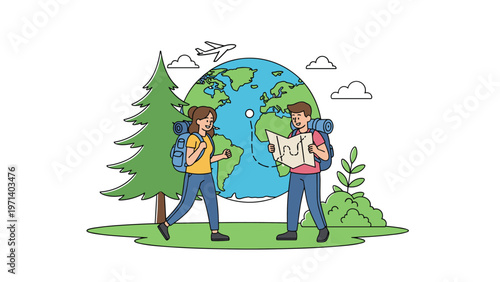 Young couple with backpacks hiking in nature and checking a map in front of a world globe symbolizing an adventure trip.