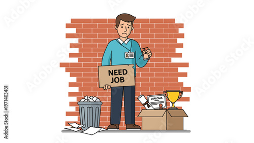Sad unemployed man holding a handwritten job request sign in front of a brick wall next to a box of his personal belongings.