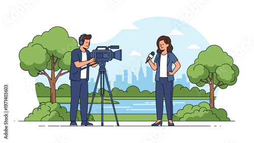 Professional news reporter speaking into microphone while cameraman records her in a beautiful city park with urban skyline.