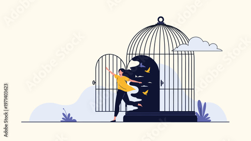 Young woman running to find freedom from a giant open birdcage as birds fly away into the sky representing liberation.