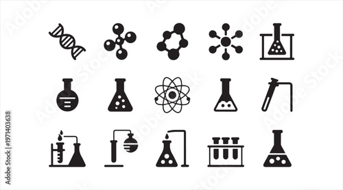 Minimal science lab icons showing chemistry equipment DNA and molecular structures