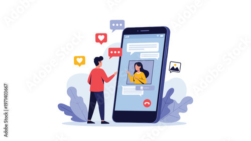 Social media interaction concept showing a person video calling on a large smartphone with floating heart and chat icons.