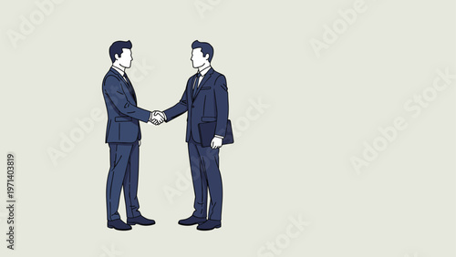 Two professional businessmen in formal suits shaking hands to confirm a successful corporate agreement or partnership.