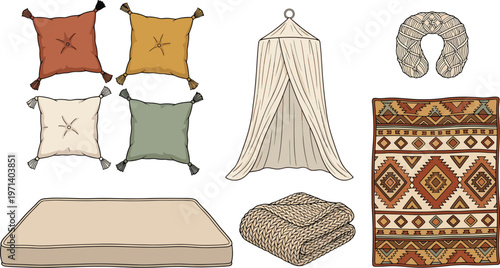 An illustration of various bedding items and pillows arranged on a plain surface indoors.