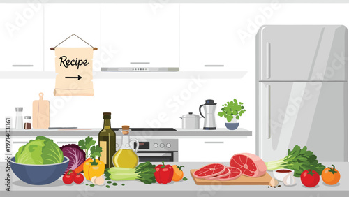 Well equipped kitchen counter with fresh vegetables, meat, oil, and spices ready for cooking following a specific recipe.