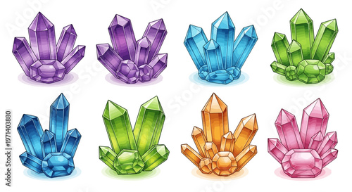 Collection of Vibrant Gemstone Clusters in Various Colors.