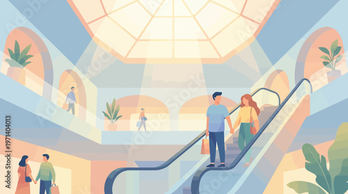 Modern Shopping Mall Interior Illustration with People on Escalators