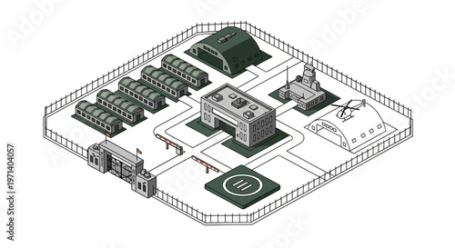 Isometric vector illustration of a military base featuring various buildings, a control tower, and landing pads, rendered with a clean, technical design and presented against a white