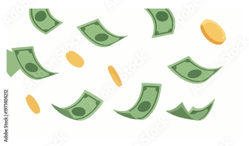 Falling money with green dollar bills and gold coins in 3d cartoon realistic style business finance success vector illustration