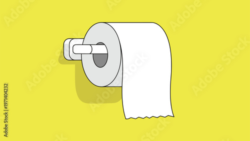 White toilet paper roll hanging on a wall mounted holder against a bright yellow background for hygiene and sanitation.
