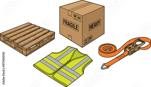 Workers prepare fragile heavy box with safety gear on pallet