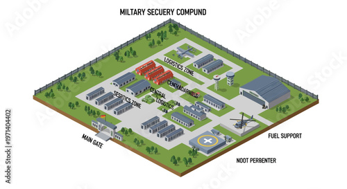 Detailed isometric vector illustration showing a military base design with various buildings, towers, and infrastructure elements laid out on a conceptual map, rendered in three dimensions