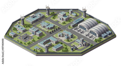 Isometric 3D illustration showing a technologically advanced army base with various buildings, radar towers, and a secure perimeter wall, presented with a strategic computer design