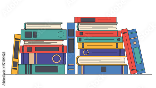 Organized row and stack of colorful office binders or books on a shelf representing an archive, library collection, or filing system.