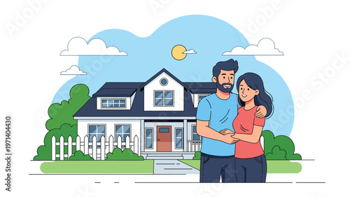 Happy young couple embracing in front of their beautiful new home with a white picket fence under a bright sunny sky.