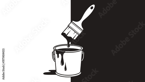 Paint bucket and brush dripping black paint on a background split into white and black sections for creative design themes.