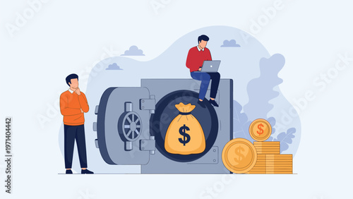 Businessmen managing corporate wealth with a large open vault containing a sack of money and stacks of gold coins in a flat vector style.