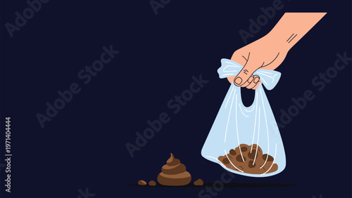 Human hand holding a blue plastic bag for dog waste next to a pile on the ground illustrating responsible pet ownership and cleaning up.