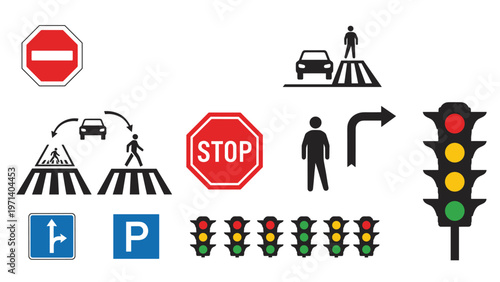 Comprehensive set of traffic icons and road signs including stop signs, pedestrian crossings, traffic lights, and parking symbols for safety.