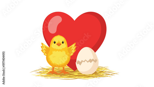 Small yellow chick standing next to a cracked egg in a straw nest with a large red heart behind it representing spring and new life.