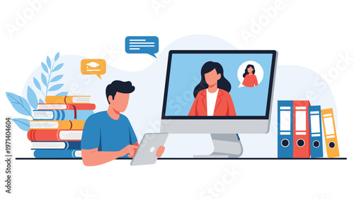 Student using a tablet and computer for online education while a teacher is shown on the screen with books and folders on the desk.