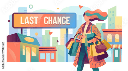 Shopper with many bags by a last chance sign illustration