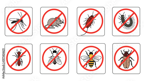 Set of eight warning signs with red circles and slashes over various common pests including mosquitoes, mice, cockroaches, and flies.