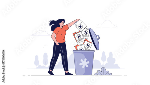 Woman in casual clothing throwing files marked with an X into a purple trash bin symbolizing the deletion and disposal of old documents.