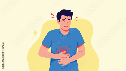 Man in a blue shirt suffering from severe stomach pain or abdominal cramps with red circular ripples indicating the area of ache.
