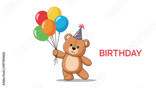 Adorable brown teddy bear wearing a festive party hat and holding a bunch of colorful balloons for a happy birthday celebration theme.