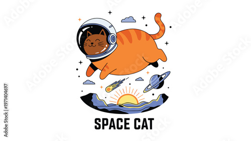 Cute orange tabby cat astronaut wearing a space helmet and floating in outer space with planets stars and a bright sun.