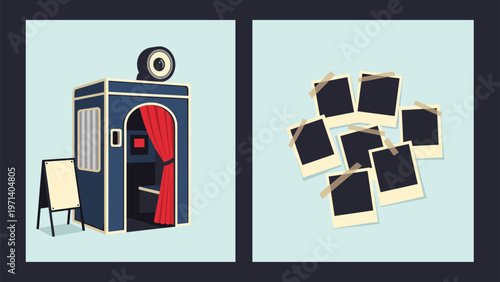 Vintage style blue photo booth with a red curtain next to a collection of blank polaroid photos pinned on a wall.