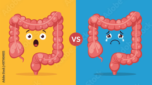 Comparative illustration of a healthy happy human colon and a sad crying diseased colon with cute emotional faces.