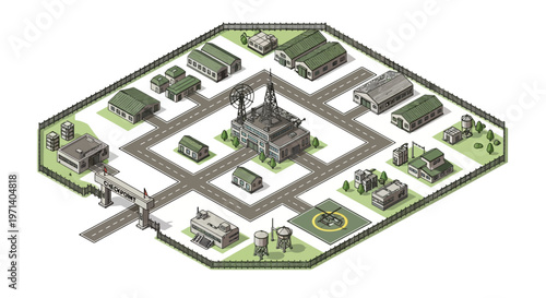 Aerial isometric illustration of a military base shows various army buildings, towers, and infrastructure arranged on a map with a road network, all rendered in a 3D design with a clean